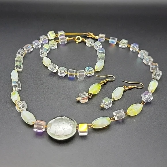 AB Cube & Givre Art Glass Necklace Bracelet and Earring Set Gold Tone Wire